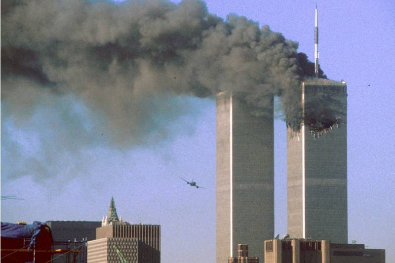 The World Trade Center under attack on 9-11-01